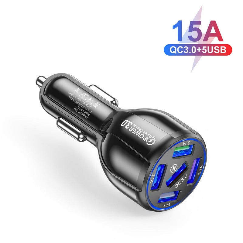 15A 5 Ports USB Car Charge Quick Mini LED Fast Charging